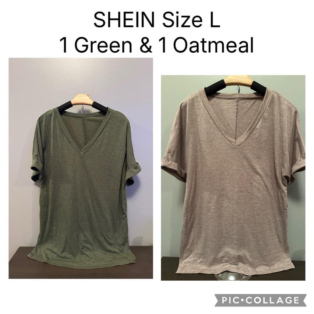 SHEIN Short Sleeve V Neck Tops - Green and Oatmeal See callout in description